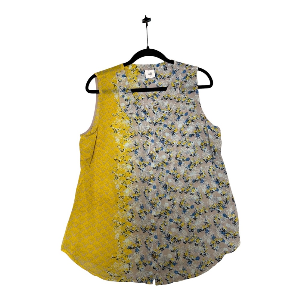 Cabi Womens Mixed Print Sleeveless Button Down Blouse Yellow Floral Large 5271